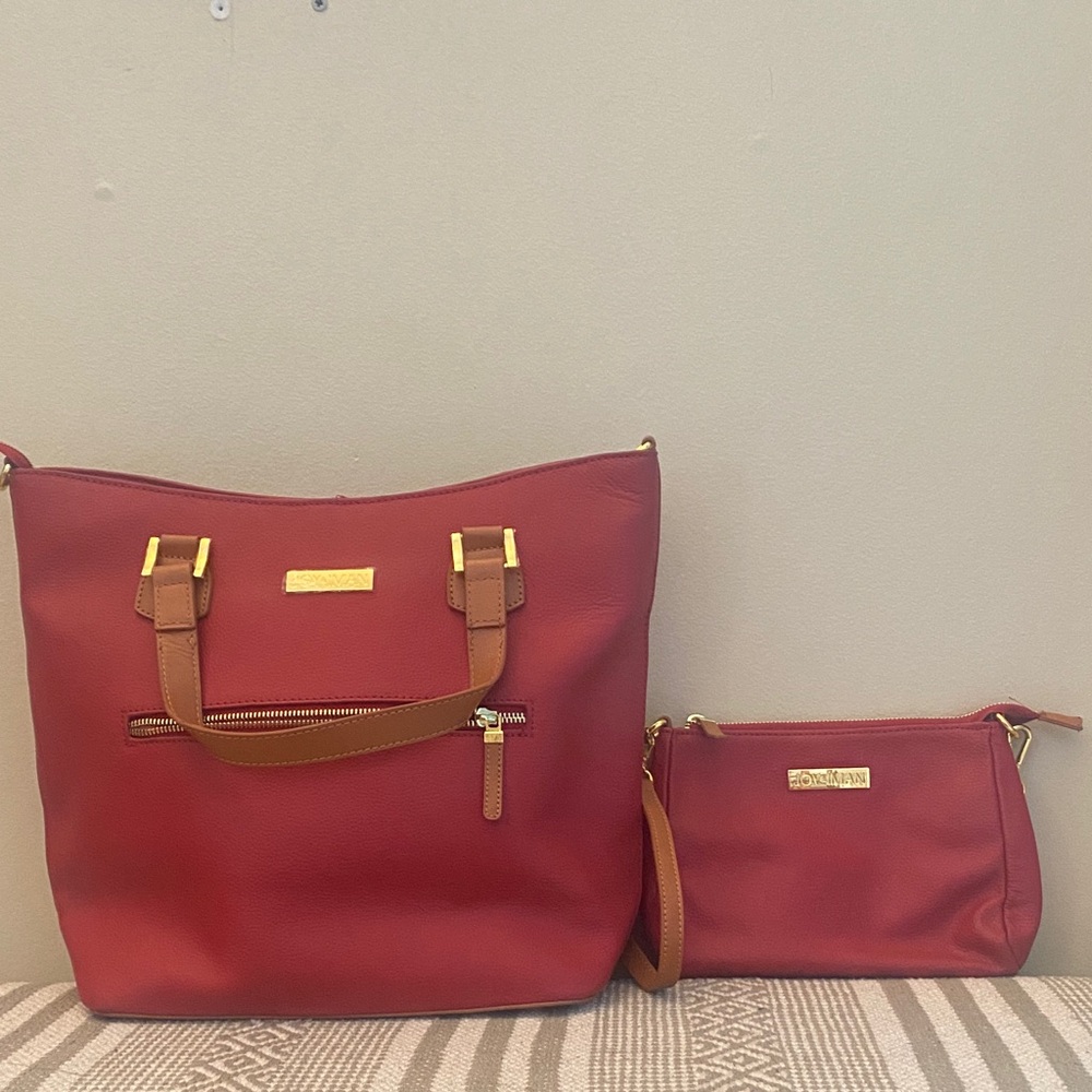 NEW! JOY & IMAN Alexandria Red & Cognac Leather Tote and Crossbody & satchel